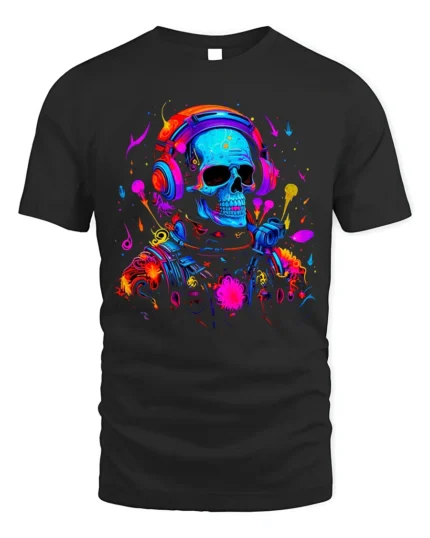 Neon DJ Skull Headphones Art Graphic T-Shirt