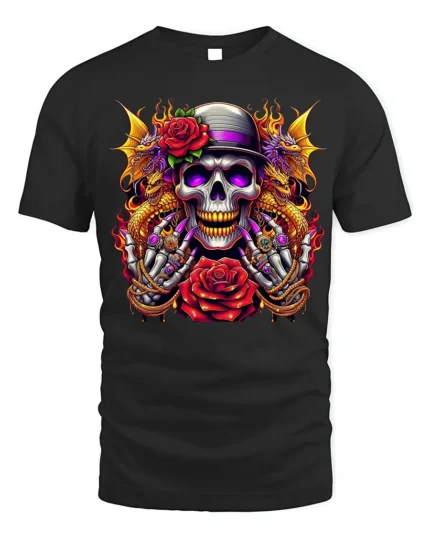 Flaming Skull Dragon Rose Art Graphic T-Shirt