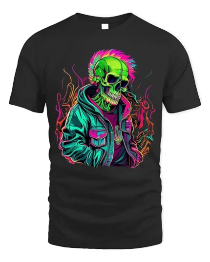 Neon Punk Skull in Jacket Graphic T-Shirt Streetwear Style