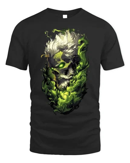 Green Flame Skull Graphic T-Shirt for Horror and Punk Fans