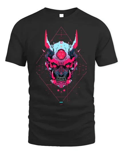 Cyberpunk Demon Skull Graphic T-Shirt - Neon Sci-Fi Tee