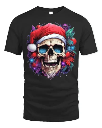 Santa Skull With Lights Gothic Funny Christmas Holiday T-Shirt