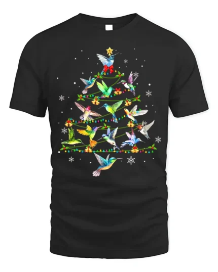 Colorful Hummingbirds Christmas Tree Holiday Art T-Shirt