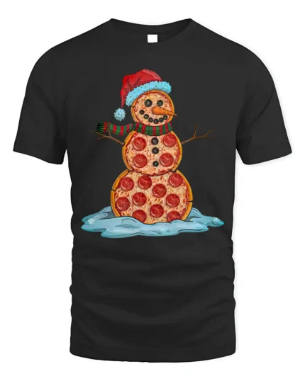 Funny Pizza Snowman Santa Hat Christmas Graphic T-Shirt