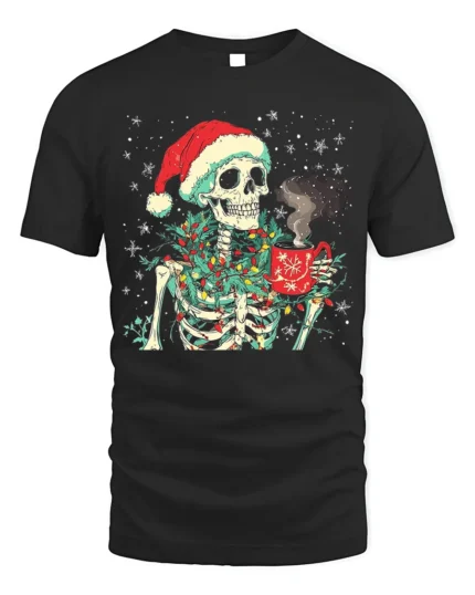 Santa Skeleton Coffee Christmas Lights Graphic T-Shirt