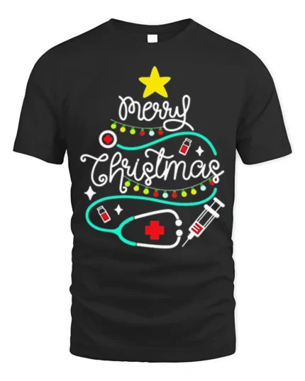 Funny Nurse Merry Christmas T-Shirt with Medical Tree Design