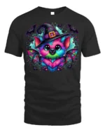 Cute Neon Bat Halloween Witch Hat Graphic T-Shirt - black t-shirt on white background