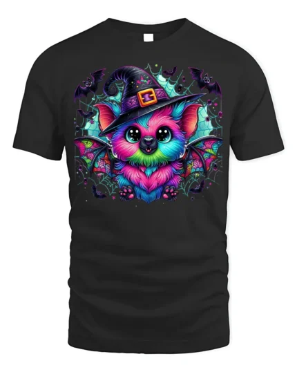 Cute Neon Bat Halloween Witch Hat Graphic T-Shirt - black t-shirt on white background