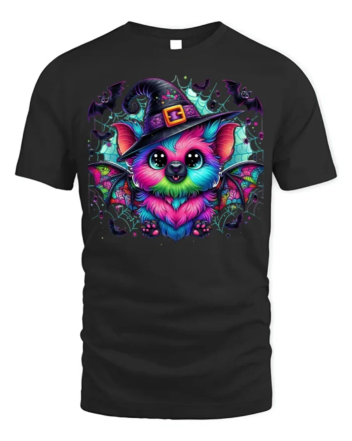 Cute Neon Bat Halloween Witch Hat Graphic T-Shirt - black t-shirt on white background