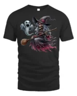 Halloween Skeleton Witch Ghost Flying Graphic T-Shirt - black t-shirt on white background