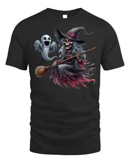 Halloween Skeleton Witch Ghost Flying Graphic T-Shirt - black t-shirt on white background