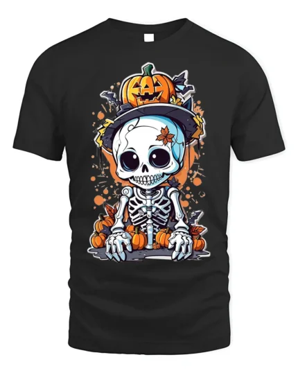 Halloween Cute Skeleton Pumpkin Cartoon Graphic T-Shirt - black t-shirt on white background