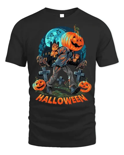 Halloween Pumpkin Head Graveyard Scary Graphic T-Shirt - black t-shirt on white background