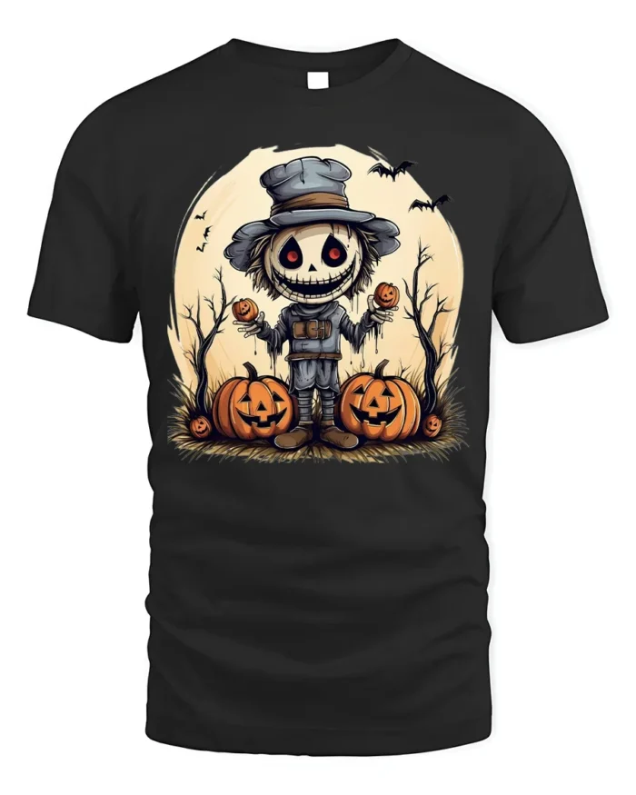Halloween Scarecrow Pumpkin Creepy Spooky Graphic T-Shirt - black t-shirt on white background