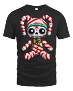Candy Cane Skeleton Doll Creepy Holiday Graphic T-Shirt - black t-shirt on white background