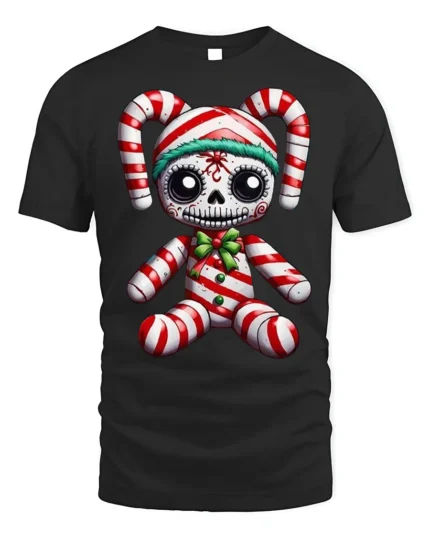 Candy Cane Skeleton Doll Creepy Holiday Graphic T-Shirt - black t-shirt on white background