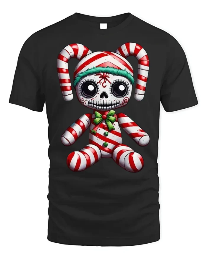 Candy Cane Skeleton Doll Creepy Holiday Graphic T-Shirt - black t-shirt on white background