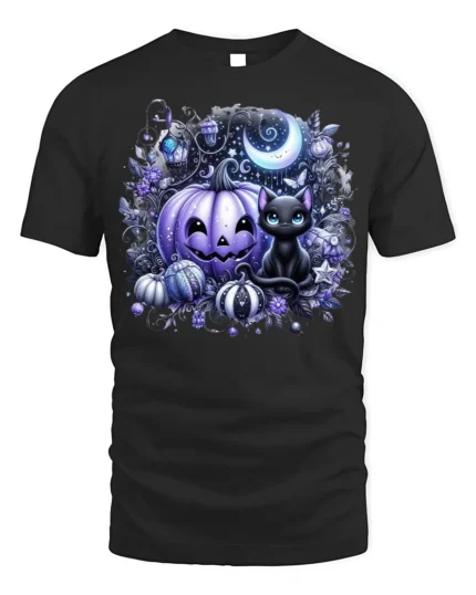 Halloween Purple Pumpkin Black Cat Moon Graphic T-Shirt - black t-shirt on white background