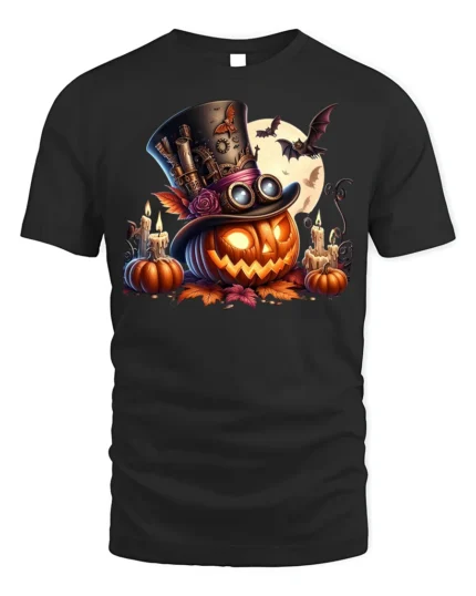 Halloween Steampunk Pumpkin Top Hat Graphic T-Shirt - black t-shirt on white background
