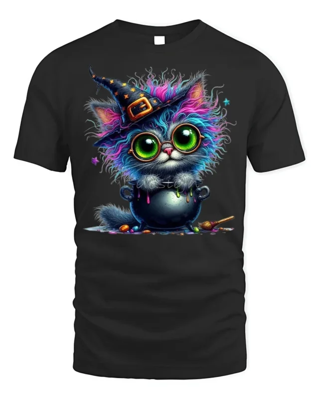 Halloween Colorful Witch Cat Cauldron Magic T-Shirt - black t-shirt on white background