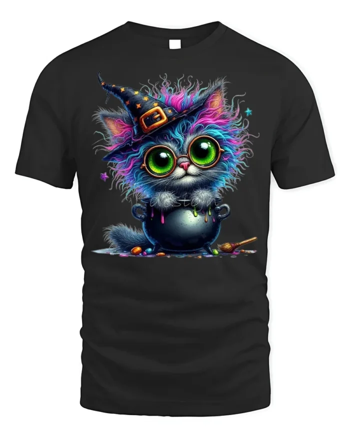 Halloween Colorful Witch Cat Cauldron Magic T-Shirt - black t-shirt on white background