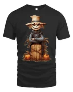 Halloween Scarecrow Pumpkin Haystack Graphic T-Shirt - black t-shirt on white background