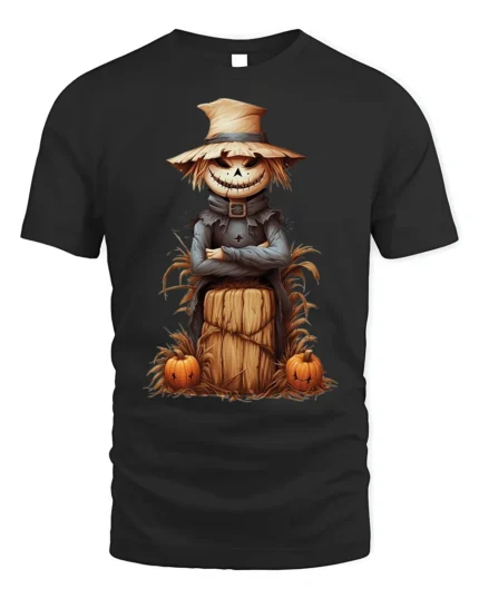 Halloween Scarecrow Pumpkin Haystack Graphic T-Shirt - black t-shirt on white background