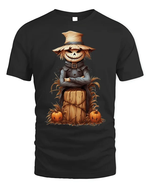 Halloween Scarecrow Pumpkin Haystack Graphic T-Shirt - black t-shirt on white background