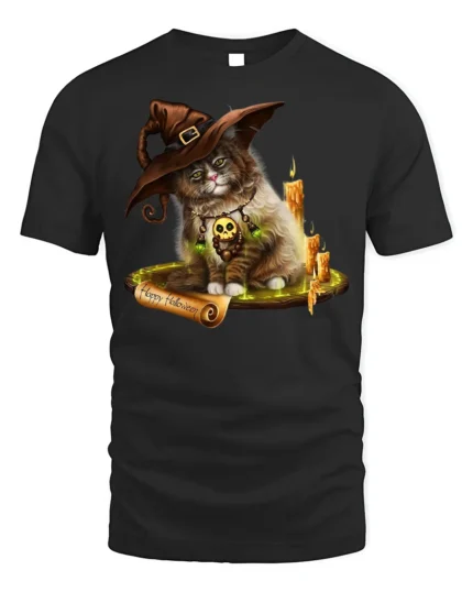 Halloween Witch Cat Candle Magic Graphic T-Shirt - black t-shirt on white background