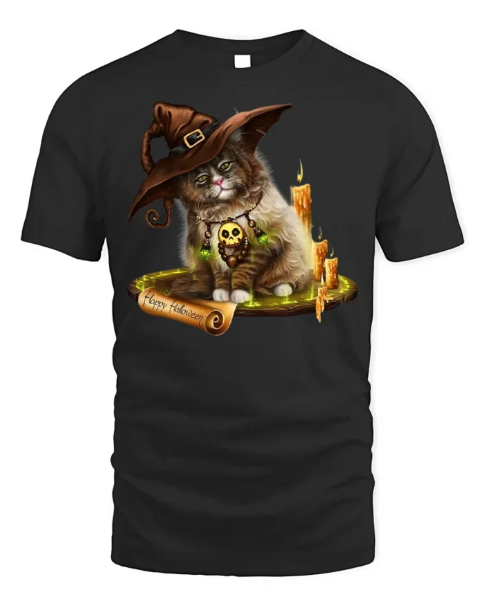 Halloween Witch Cat Candle Magic Graphic T-Shirt - black t-shirt on white background