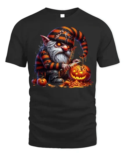 Halloween Gnome Pumpkin Carving Scary Graphic T-Shirt - black t-shirt on white background