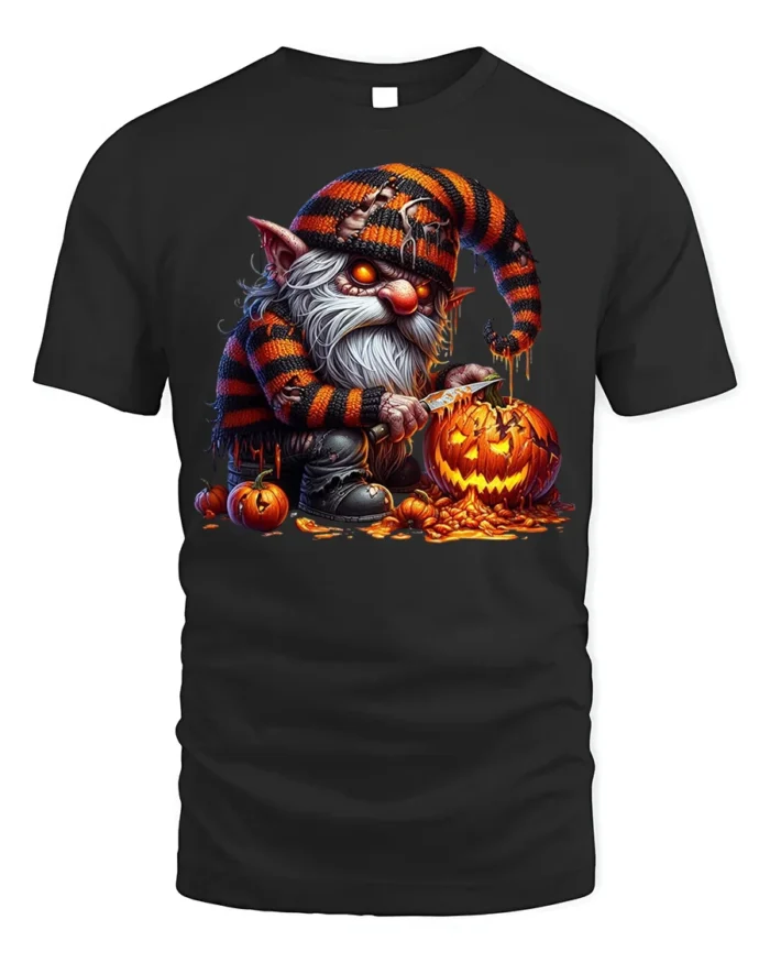 Halloween Gnome Pumpkin Carving Scary Graphic T-Shirt - black t-shirt on white background