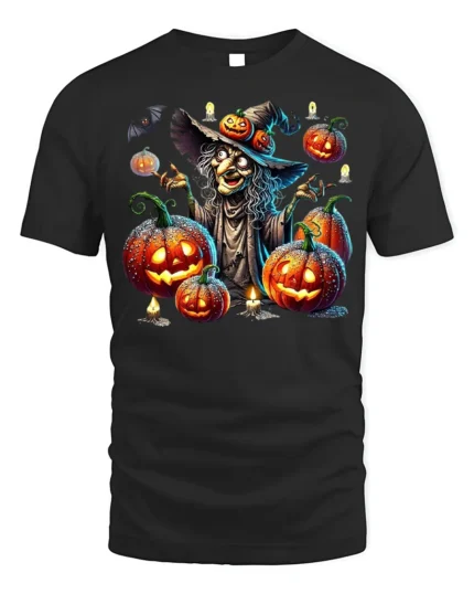 Halloween Witch Pumpkin Lantern Scary Graphic T-Shirt - black t-shirt on white background