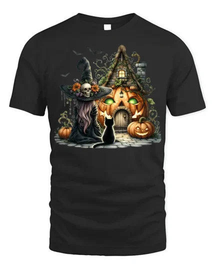 Halloween Witch Pumpkin House Black Cat Graphic T-Shirt - black t-shirt on white background