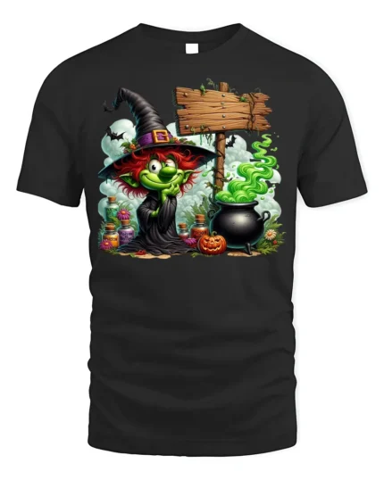 Halloween Green Witch Cauldron Potion Graphic T-Shirt - black t-shirt on white background