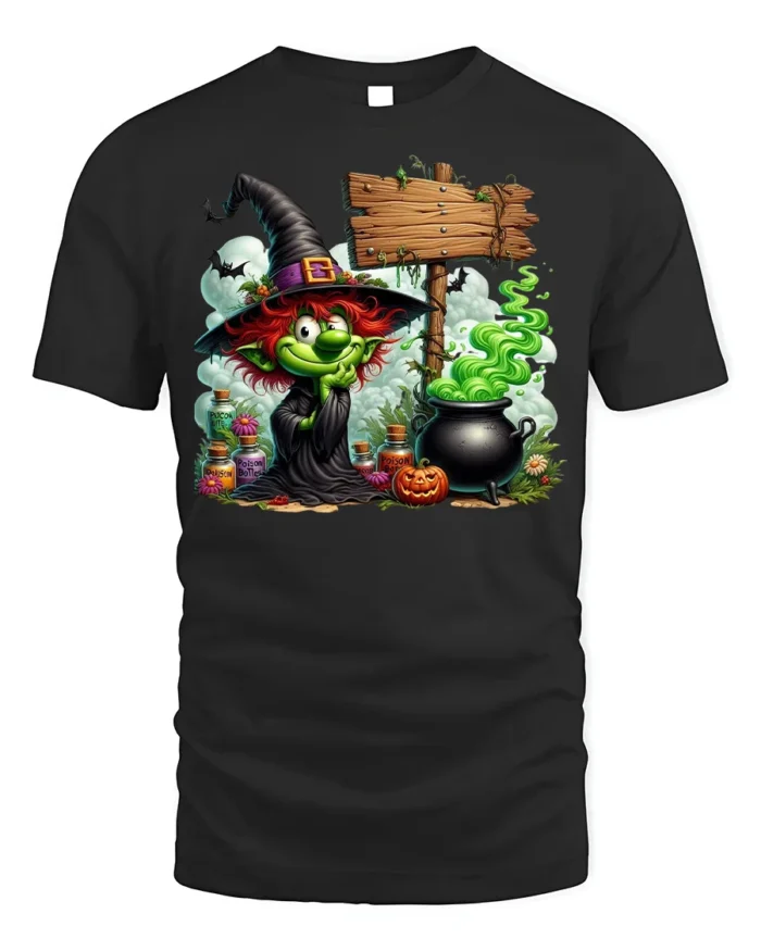 Halloween Green Witch Cauldron Potion Graphic T-Shirt - black t-shirt on white background