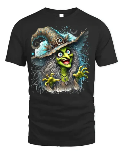 Halloween Scary Green Witch Creepy Graphic T-Shirt - black t-shirt on white background