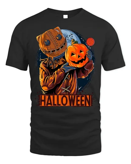 Halloween Pumpkin Head Sack Mask Horror T-Shirt - black t-shirt on white background