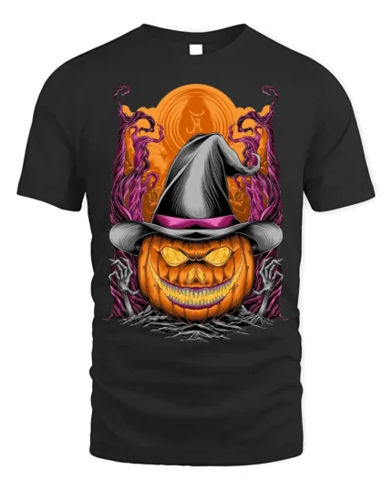 Halloween Pumpkin Witch Hat Creepy Graphic T-Shirt - black t-shirt on white background