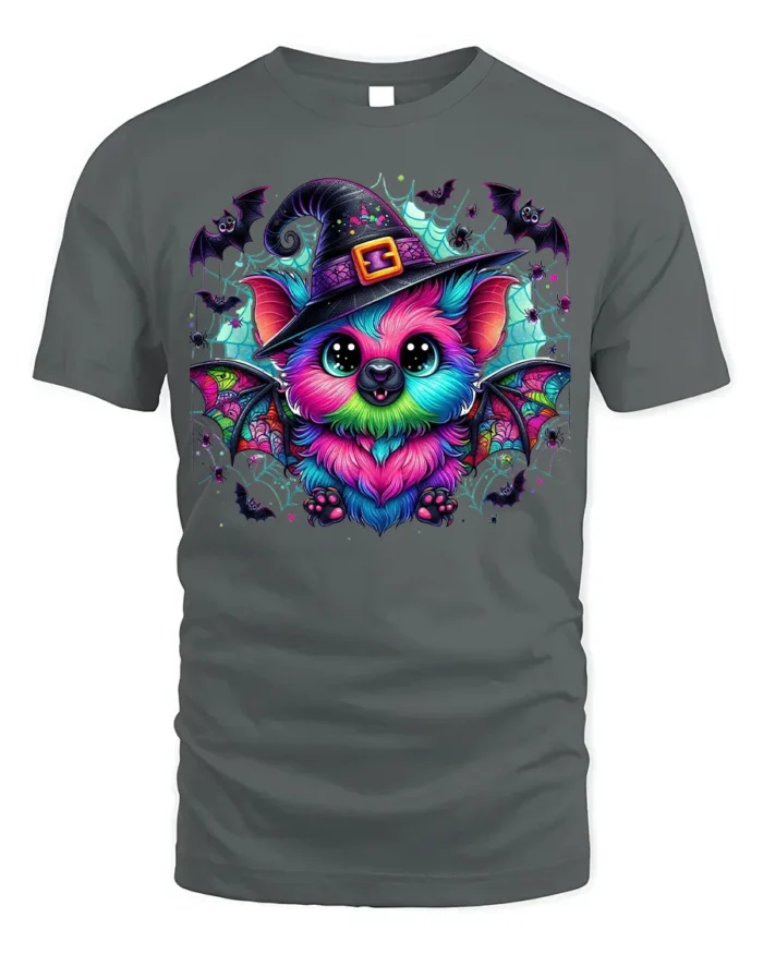 Cute Neon Bat Halloween Witch Hat Graphic T-Shirt - gray t-shirt on white background