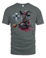 Halloween Skeleton Witch Ghost Flying Graphic T-Shirt - gray t-shirt on white background