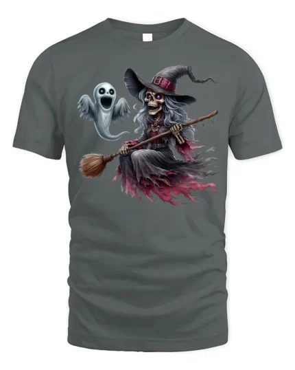 Halloween Skeleton Witch Ghost Flying Graphic T-Shirt - gray t-shirt on white background