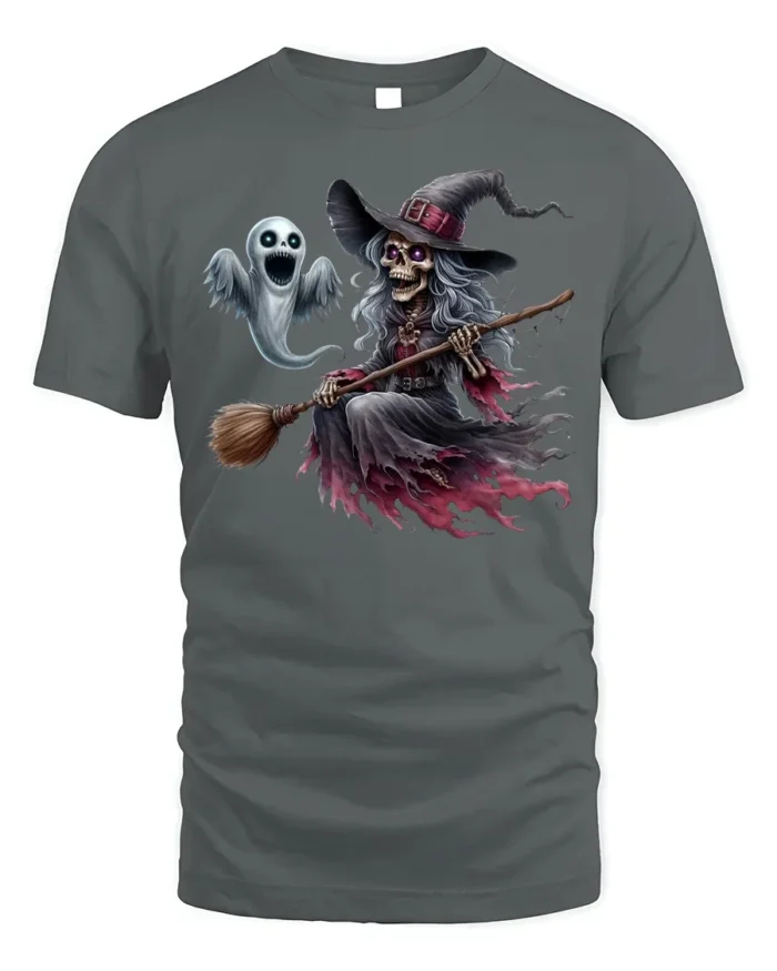 Halloween Skeleton Witch Ghost Flying Graphic T-Shirt - gray t-shirt on white background