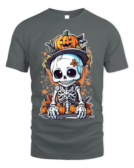 Halloween Cute Skeleton Pumpkin Cartoon Graphic T-Shirt - gray t-shirt on white background