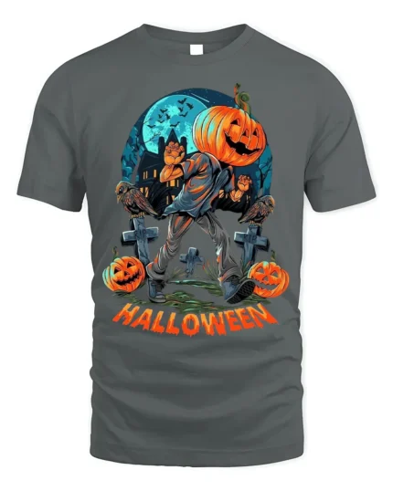 Halloween Pumpkin Head Graveyard Scary Graphic T-Shirt - gray t-shirt on white background