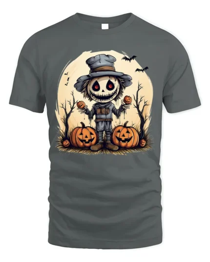 Halloween Scarecrow Pumpkin Creepy Spooky Graphic T-Shirt - gray t-shirt on white background