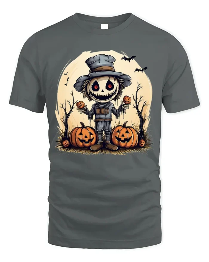 Halloween Scarecrow Pumpkin Creepy Spooky Graphic T-Shirt - gray t-shirt on white background