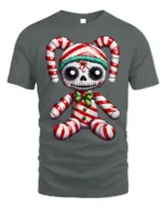 Candy Cane Skeleton Doll Creepy Holiday Graphic T-Shirt - gray t-shirt on white background