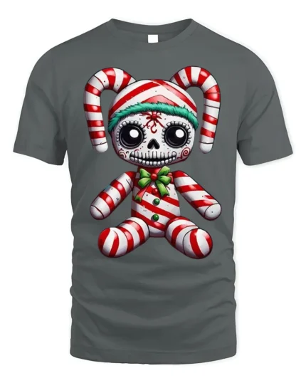 Candy Cane Skeleton Doll Creepy Holiday Graphic T-Shirt - gray t-shirt on white background