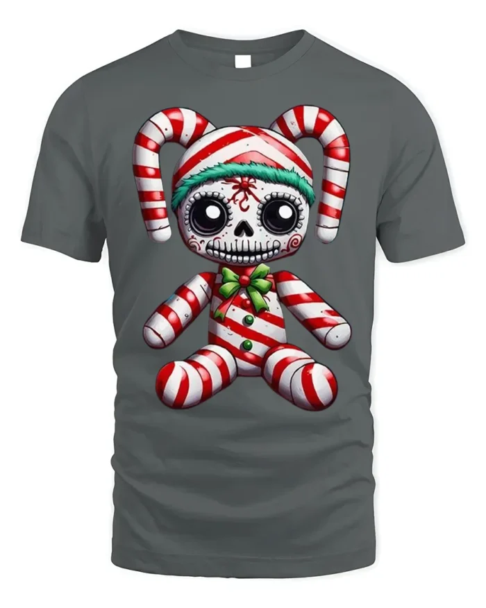 Candy Cane Skeleton Doll Creepy Holiday Graphic T-Shirt - gray t-shirt on white background